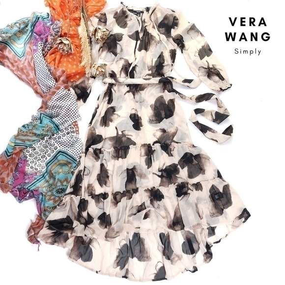 Simply Vera Vera Wang Dresses & Skirts - New Simply Vera Wang Beige Brown Black Floral Sheer Maxi High Lo Ruffle Dress Xs
